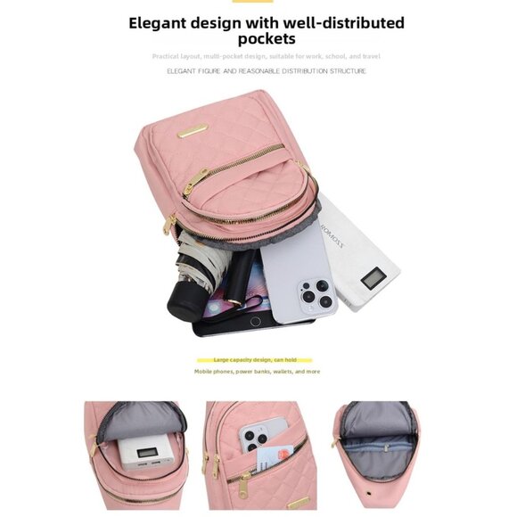 Small Quilted Crossbody Sling Backpack With Multi-Pockets & Headphone Port - Bla - Picture 10 of 11